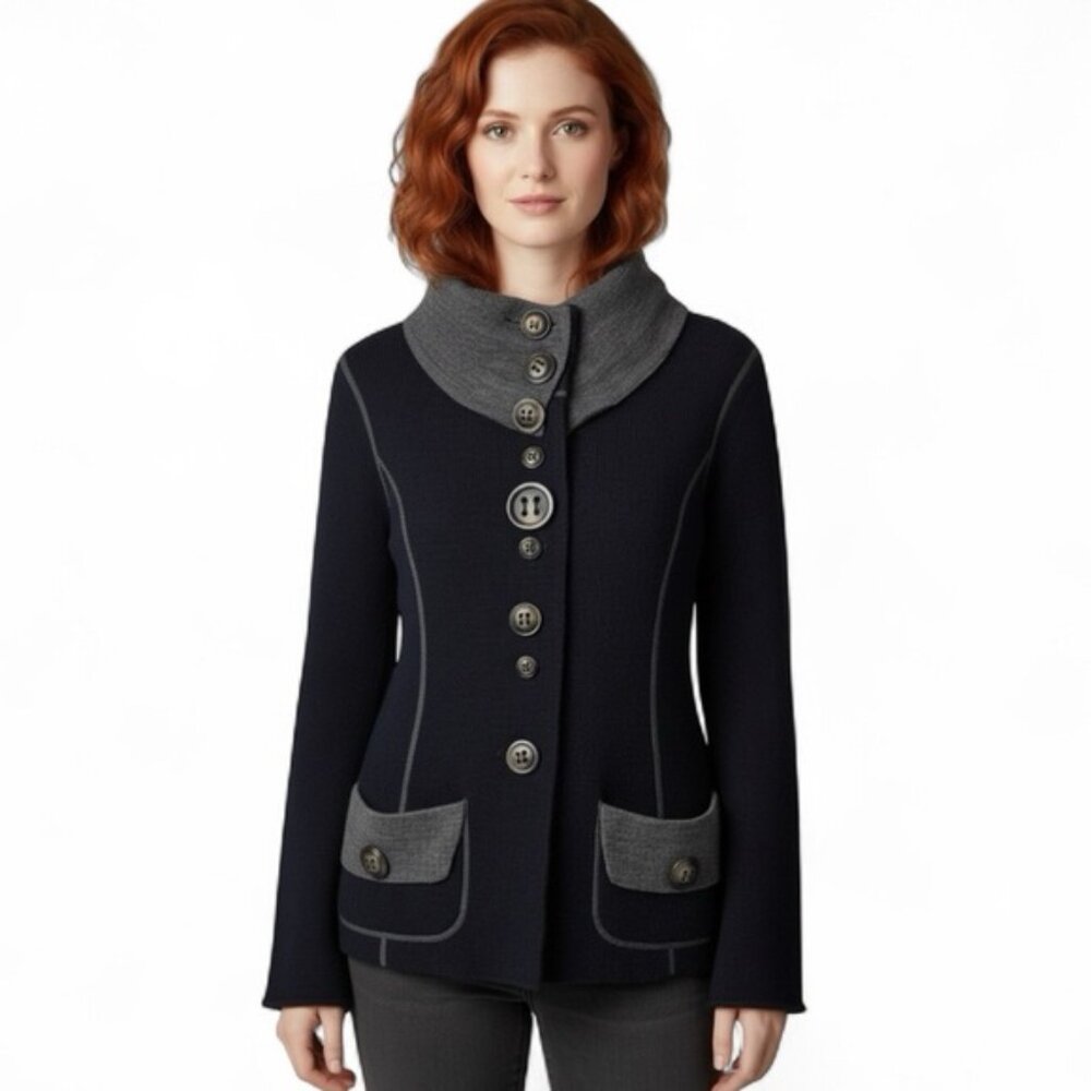 Anthro‎ Casch Gro Wool Cardigan Boho Sweater Knit Wool Buttons High Collar Top M